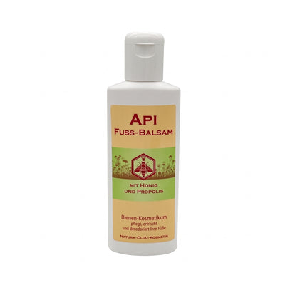 Bienenprodukte Shop API Fuß-Balsam mit Honig und Propolis in einer weißen 150 ml Flasche zur Pflege beanspruchter Füße