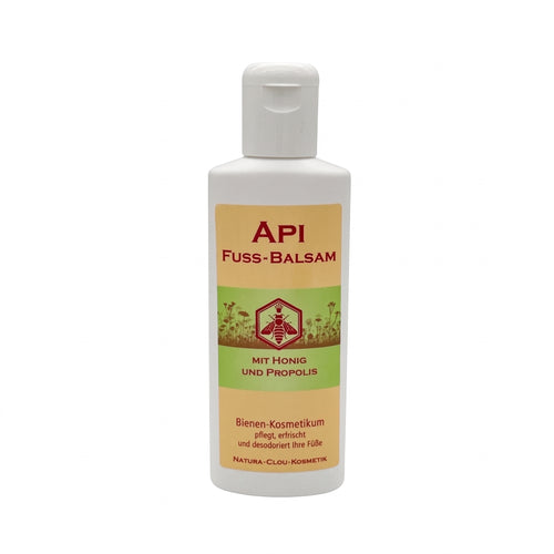 Bienenprodukte Shop API Fuß-Balsam mit Honig und Propolis in einer weißen 150 ml Flasche zur Pflege beanspruchter Füße