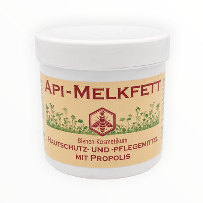 Bienenprodukte Shop API Melkfett mit Propolis, Honig und Ringelblume in einer 250 ml Dose zur Pflege trockener Haut.