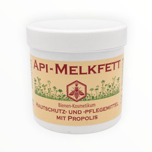 Bienenprodukte Shop API Melkfett mit Propolis, Honig und Ringelblume in einer 250 ml Dose zur Pflege trockener Haut.