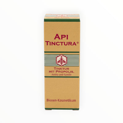 Bienenprodukte Shop API-Tinctura mit Propolis, Arnika und Kamille in einer beigen 20 ml Umverpackung zur Mundpflege.