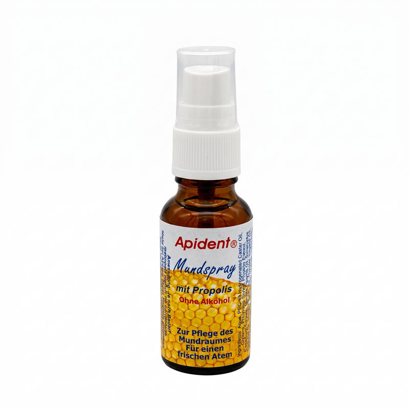 Bienenprodukte Shop APIDENT Mundspray mit Propolis in einer 20 ml Braunglasflasche mit Sprühkopf für frischen Atem