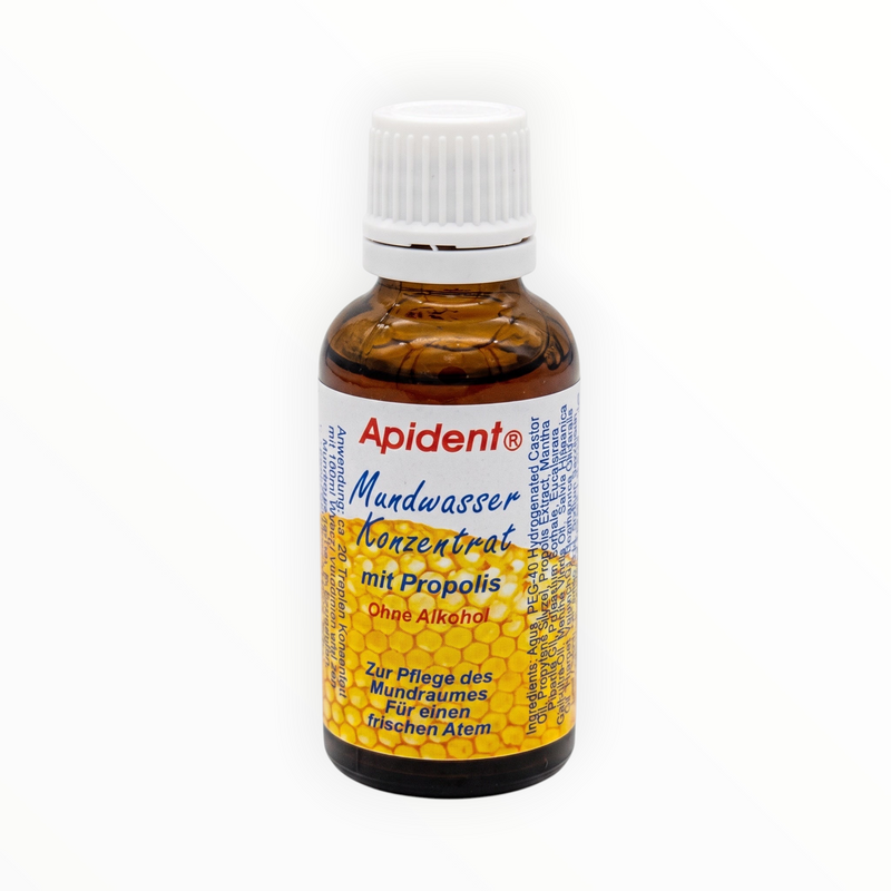 Bienenprodukte Shop APIDENT Mundwasserkonzentrat mit Propolis in einer 30 ml Braunglasflasche für frischen Atem