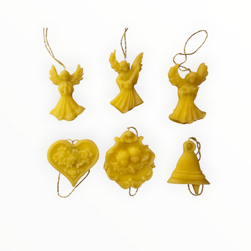 Bienenprodukte Shop 6-teiliges Anhänger Set aus gelbem Bienenwachs mit Engeln, Herz und Glocke für den Weihnachtsbaum
