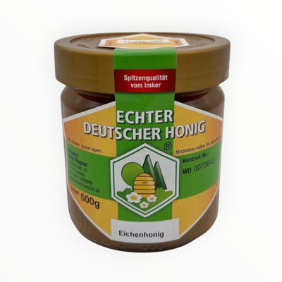 Bienenprodukte Shop Eichenhonig im 500g Glas mit Etikett für Echten Deutschen Honig und braunem Deckel