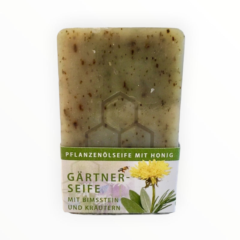 Bienenprodukte Shop Gärtnerseife mit Honig, Bimsstein und Kräutern zur intensiven Reinigung schmutziger Hände.