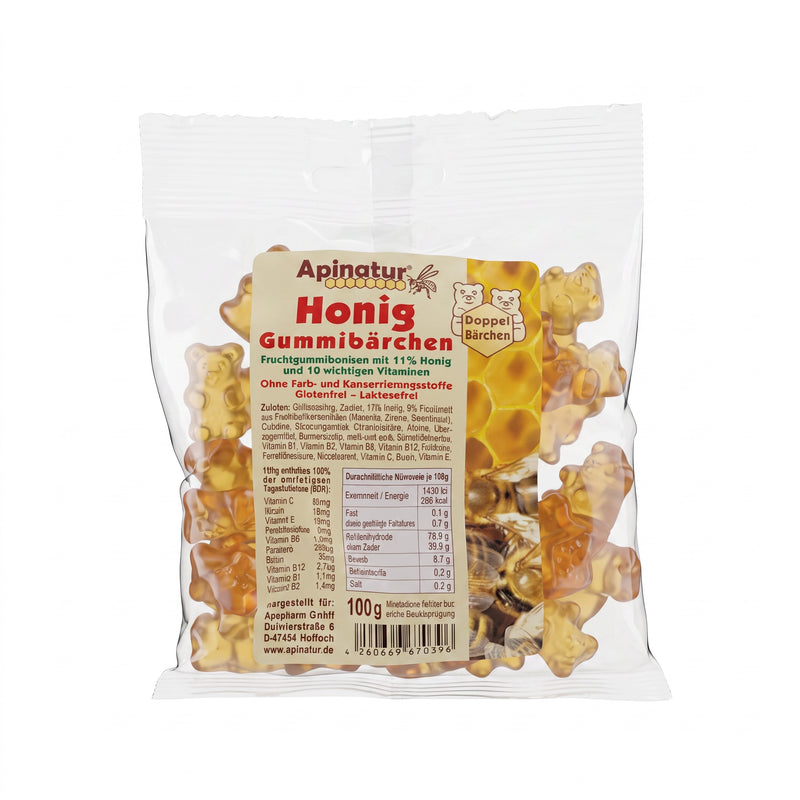 Bienenprodukte Shop Honiggummibärchen in einer 100g Tüte, goldgelbe Doppelbärchen mit Honig und Vitaminen