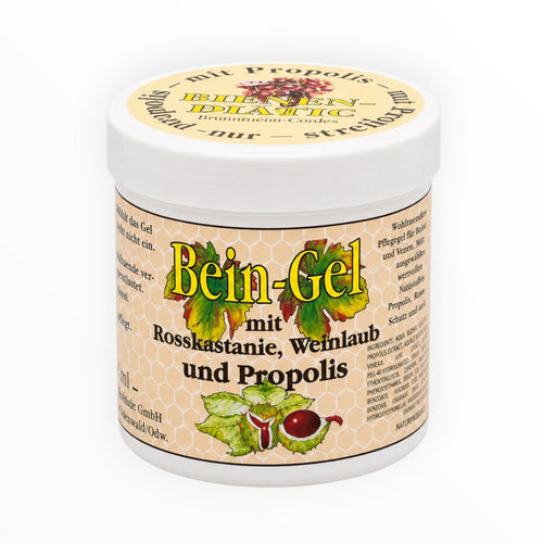 Bienenprodukte Shop leg gel with propolis, horse chestnut, and red vine leaf in a 250ml white jar for tired legs.