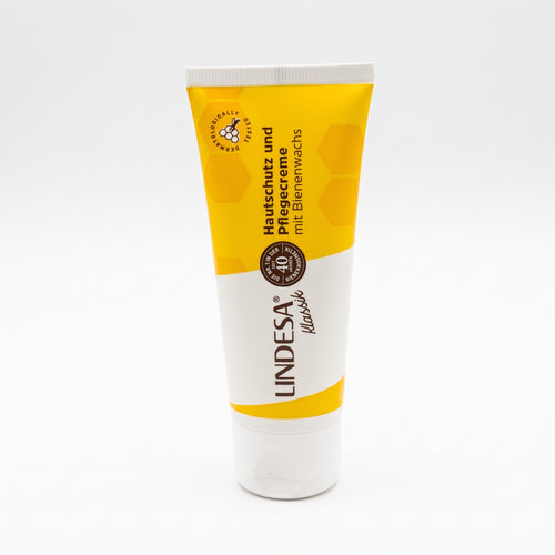 Bienenprodukte Shop Lindesa Hautschutz- und Pflegecreme in gelb-weißer Tube mit Bienenwachs für beanspruchte Hände