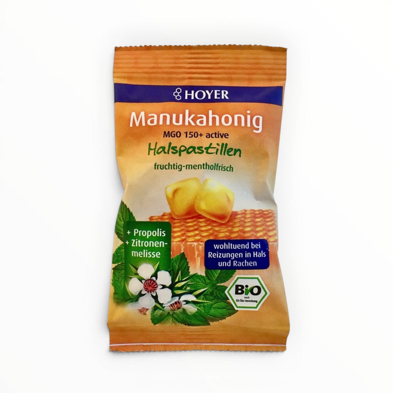 Bienenprodukte-Shop: Bio-Manuka-Honig-Halsbonbons mit Propolis, Zitronenmelisse und Menthol in einer 30-g-Packung.