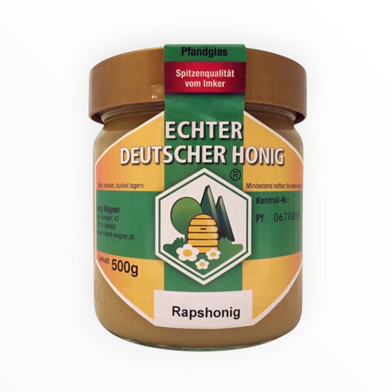 Bienenprodukte Shop Rapshonig im 500g Glas mit cremiger Konsistenz und Etikett für echten deutschen Honig