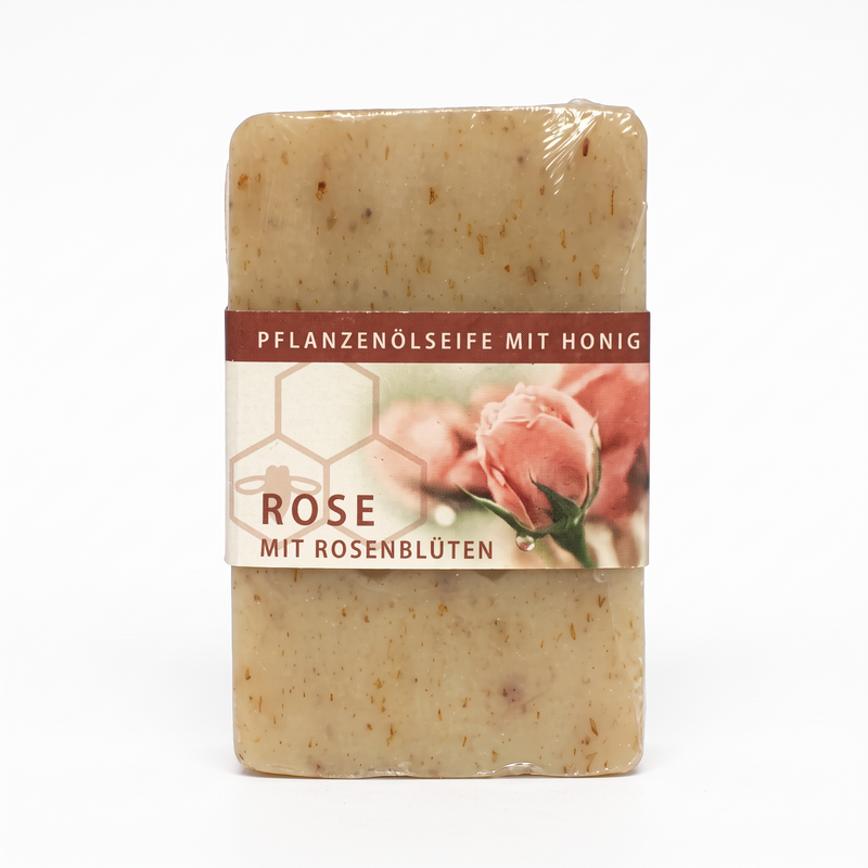 Bienenprodukte Shop Rosen-Honigseife mit echten Rosenblüten und Honig in einer 100g Packung