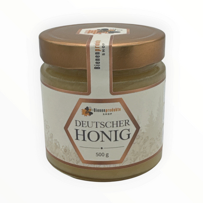 Cremiger Sommerblütenhonig von Bienenprodukte Shop im 500g Glas mit goldenem Deckel und elegantem Etikett.