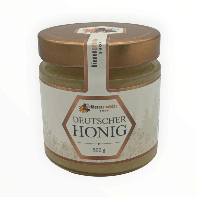 Cremiger Sommerblütenhonig von Bienenprodukte Shop im 500g Glas mit goldenem Deckel und elegantem Etikett.